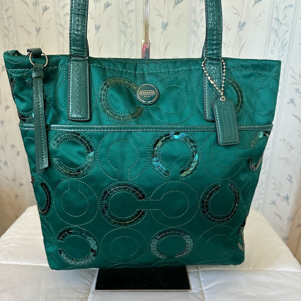 Coach Emerald Satin Tote with Circle Sequin Pattern